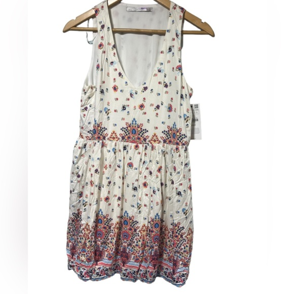 Zara Trafaluc Floral Boho V-Neck Mini Dress‎ Sleeveless White Multi Small # 413